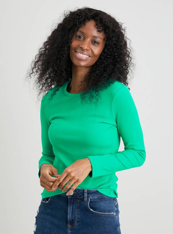 Green Crew Neck Ribbed Long Sleeve Top - 24