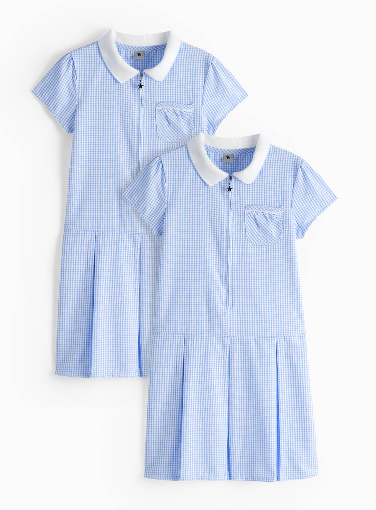 Blue Gingham Cotton Blend Sporty Pleated Dress 2 Pack 7 years - Image 1