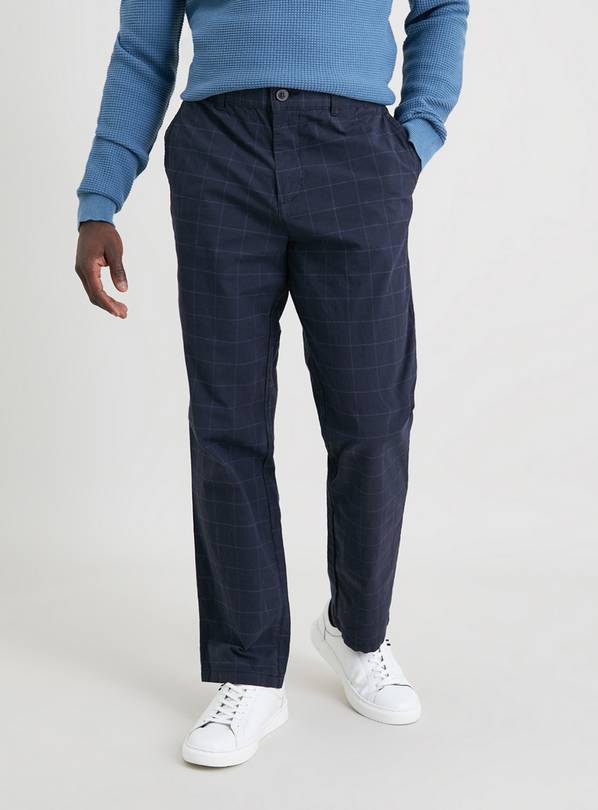 Buy Navy Check Straight Leg Trousers With Stretch - 42R | Trousers | Argos