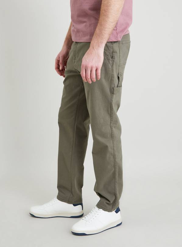 Khaki Green Cargo Utility Straight Leg Twill Trousers