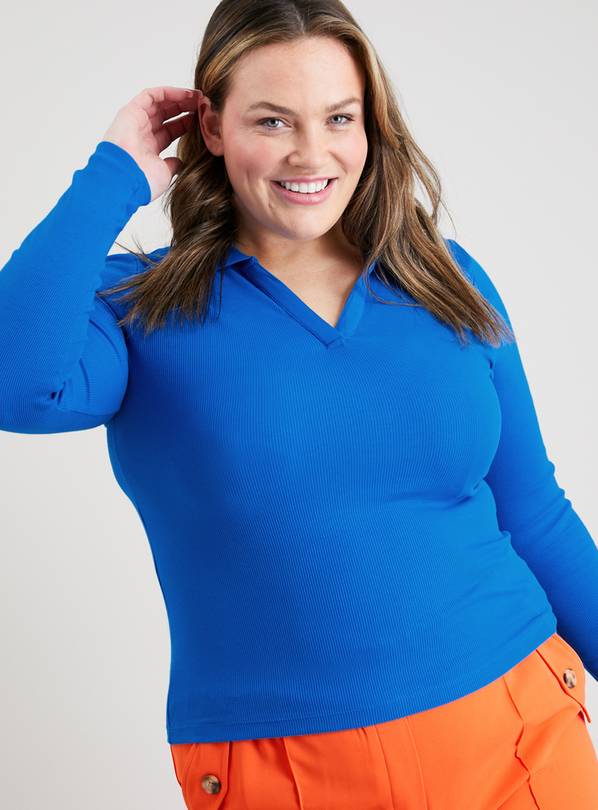 Cobalt Blue Collared Skinny Fit Rib Top - 16