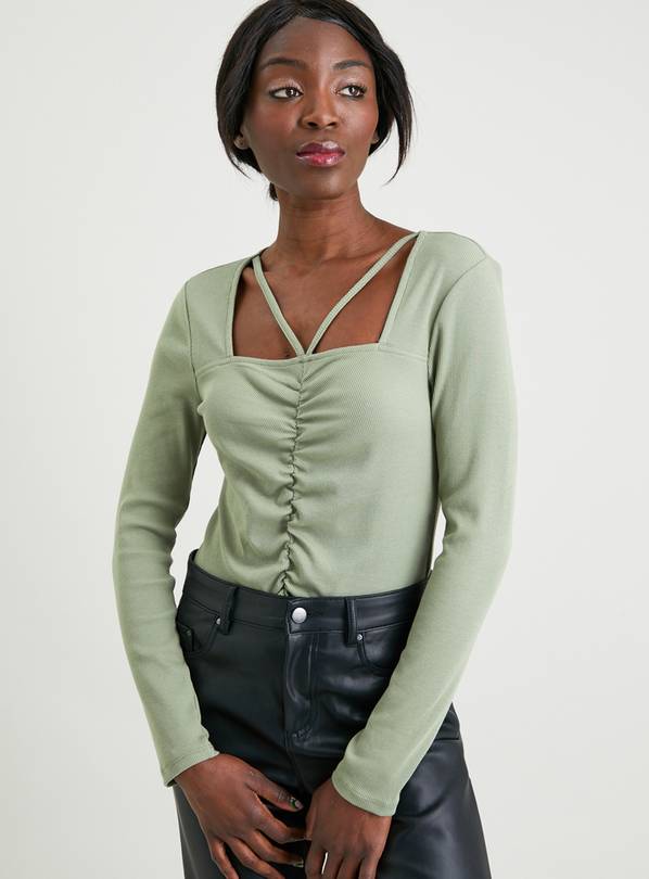 Buy Green Ruched Cut Out Long Sleeve Top - 18, T-shirts