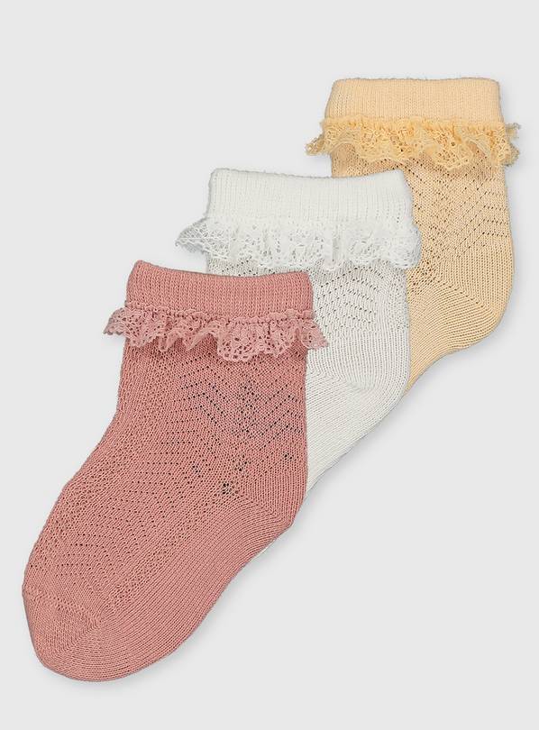 Pink, Peach & White Frilly Ankle Sock 3 Pack - 12-24 months