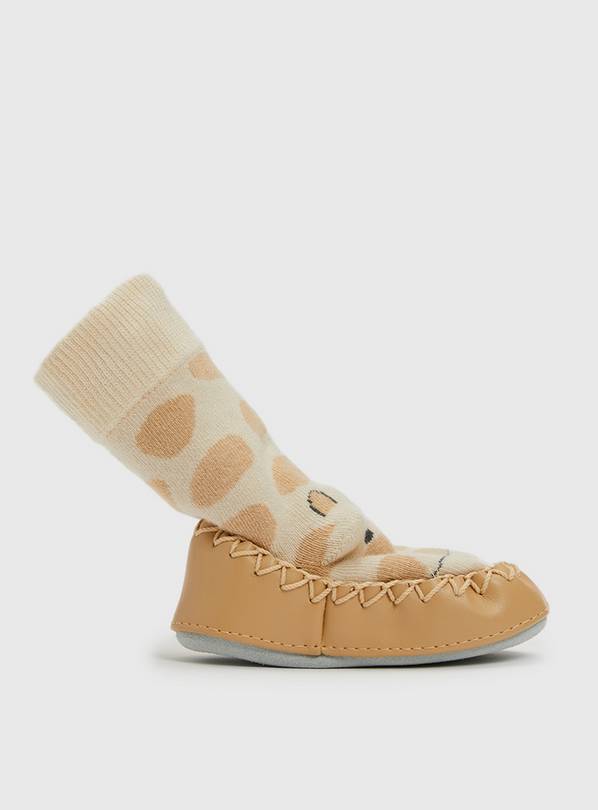 Beige Giraffe Moccasin Slipper Socks - 18-24 months