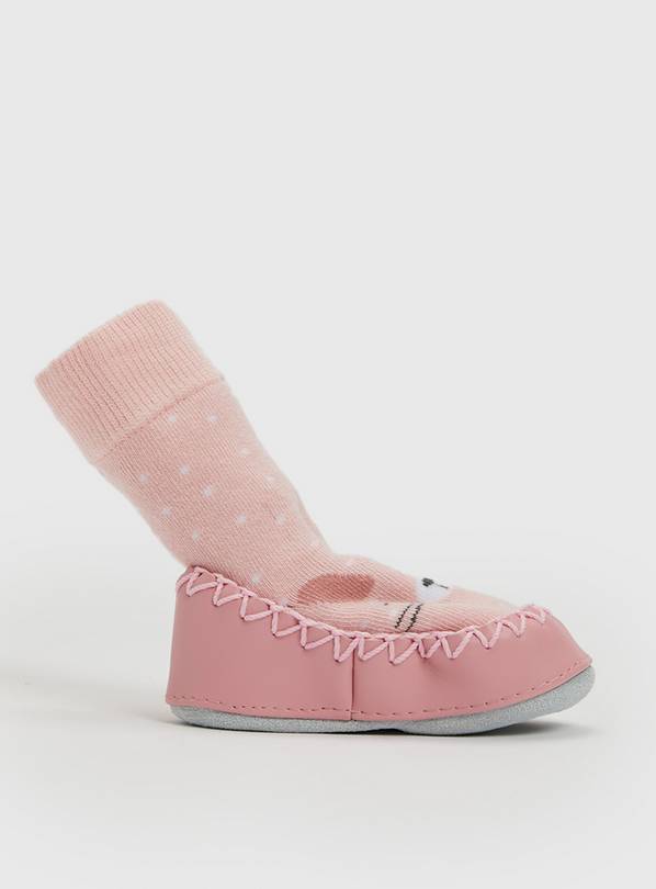 Pink Bunny Moccasin Slipper Socks - 9-12 months