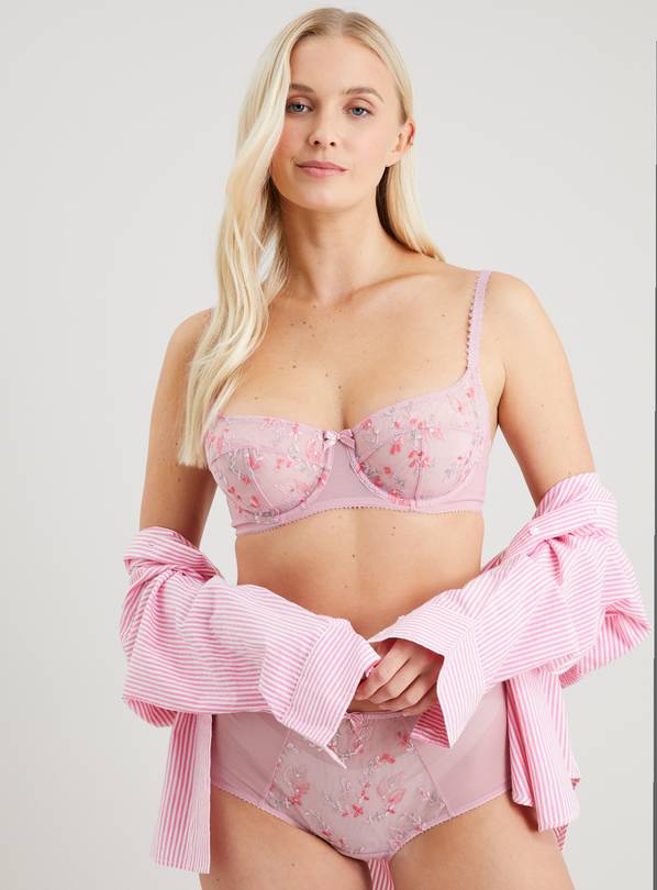 A-GG Pink Ditsy Embroidered Non Padded Balcony Bra - 32B