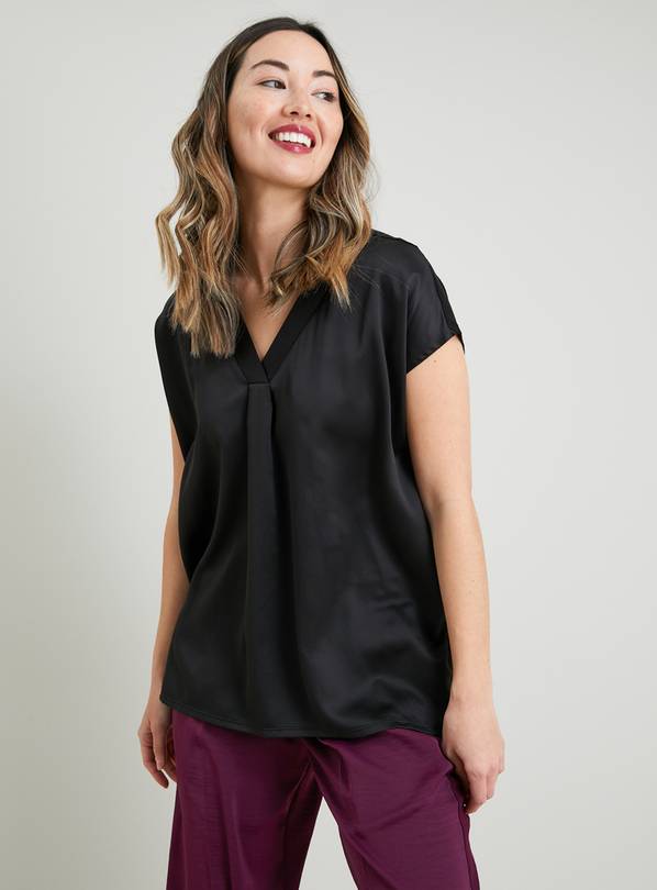 Black Satin Front V-Neck Top 12