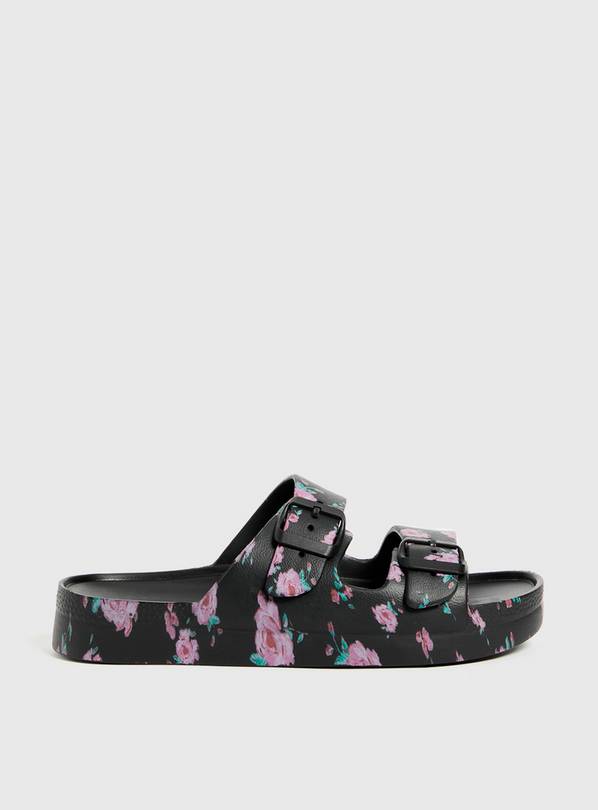 Black Rose Print Double Strap Pool Sliders 7