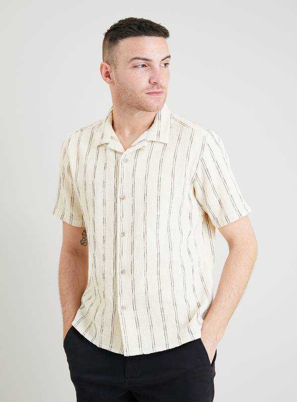 Ecru & Black Stripe Regular Fit Crinkle Shirt - XL