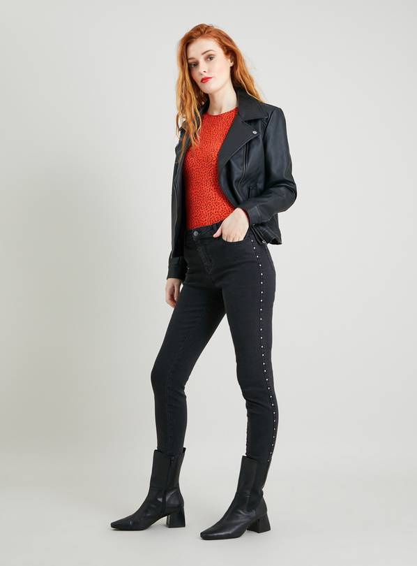 Buy Charcoal Grey Washed Stud Detail Skinny Jeans 14S Jeans