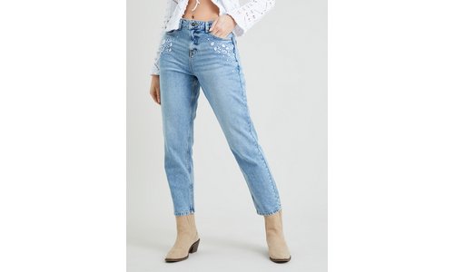 Light Wash White Floral Embroidered Mom Jeans - 10L