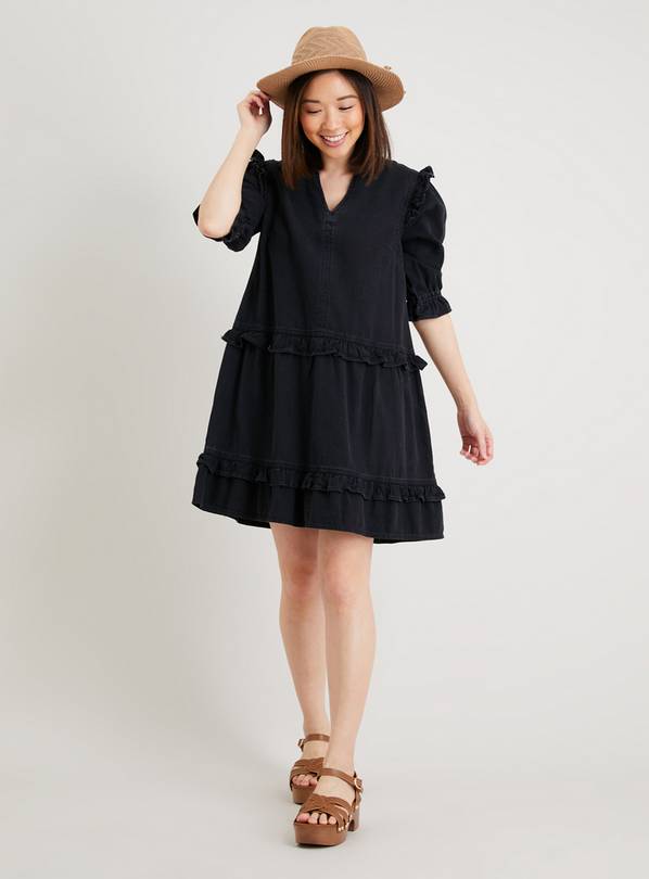 Buy PETITE Black Denim Short Ruffle Dress 18 Dresses Argos