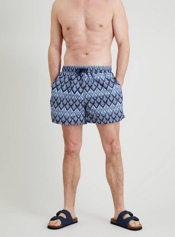 Navy Geometric Leaf Print Swim Shorts XL