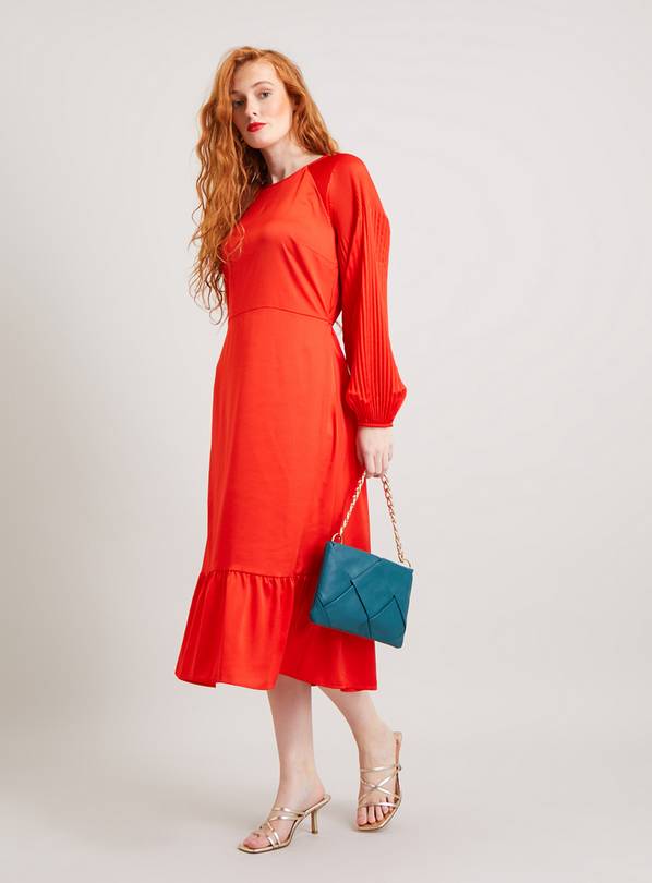 Red Satin Pliss&eacute; Sleeve Midi Dress 8