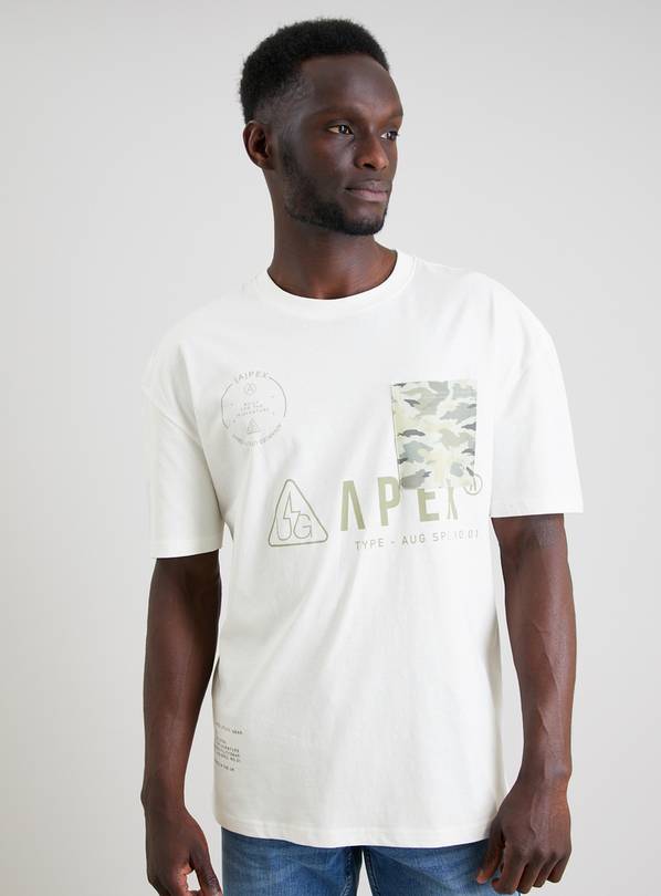Cream Graphic T-Shirt With Camo Pocket - L