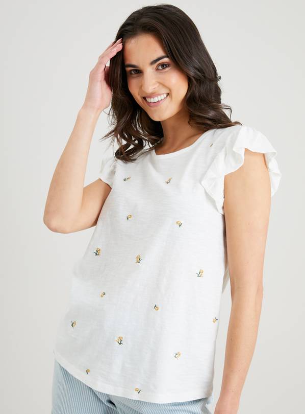 Buy White Floral Embroidered Frill T-Shirt - 16 | T-shirts | Argos