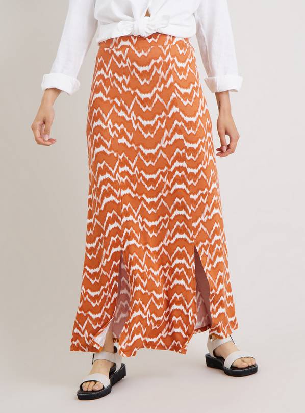 Brown & White Zig Zag Printed Jersey Maxi Skirt - 10 16
