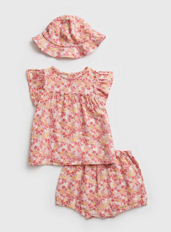 Buy Pink Floral Top, Hat & Bloomers With Linen 36 months Dresses