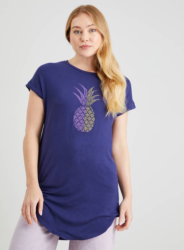 Navy Pineapple Embellished Relaxed Longline T-Shirt - 12