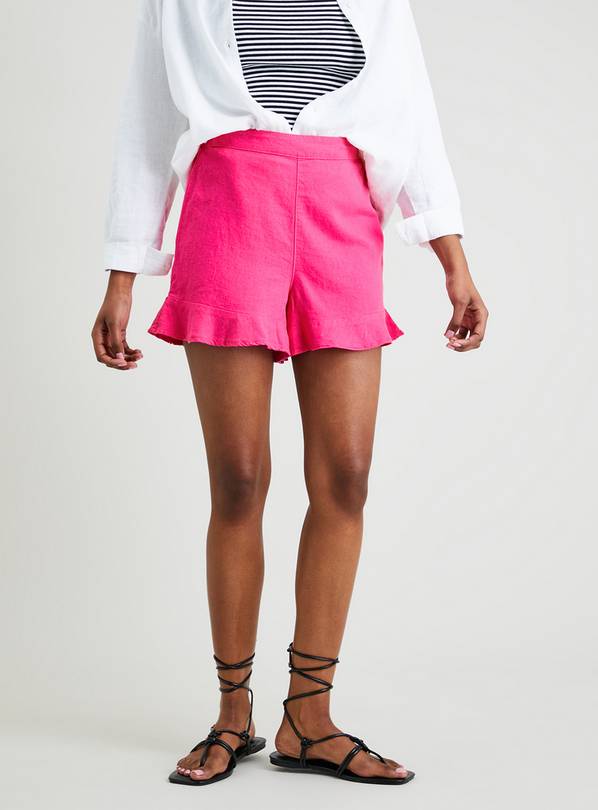 Pink Frilly Hem Linen-Rich Shorts - 14