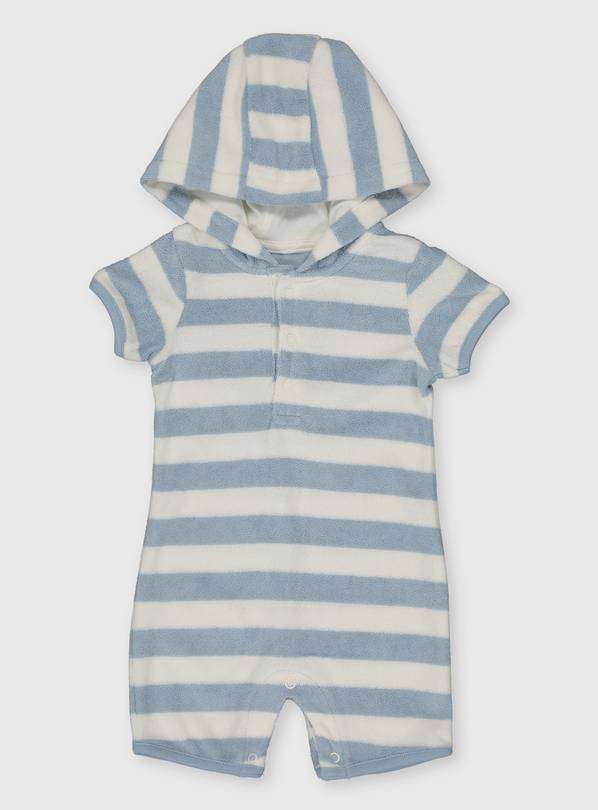 Buy Blue Stripe Hooded Towelling Romper 9 12 months All in ones and rompers Tu