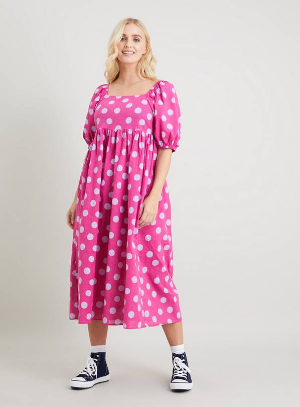 Fuchsia Pink Spot Puff Sleeve Midi Dress - 8