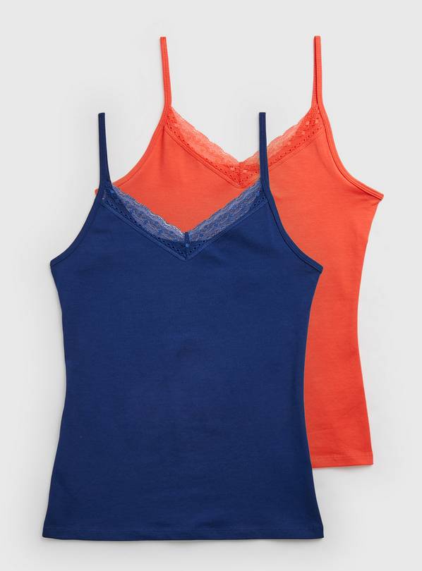 Buy Navy & Coral Strappy Lace Trim Slim Fit Vest Top 2 Pack 20, Tops