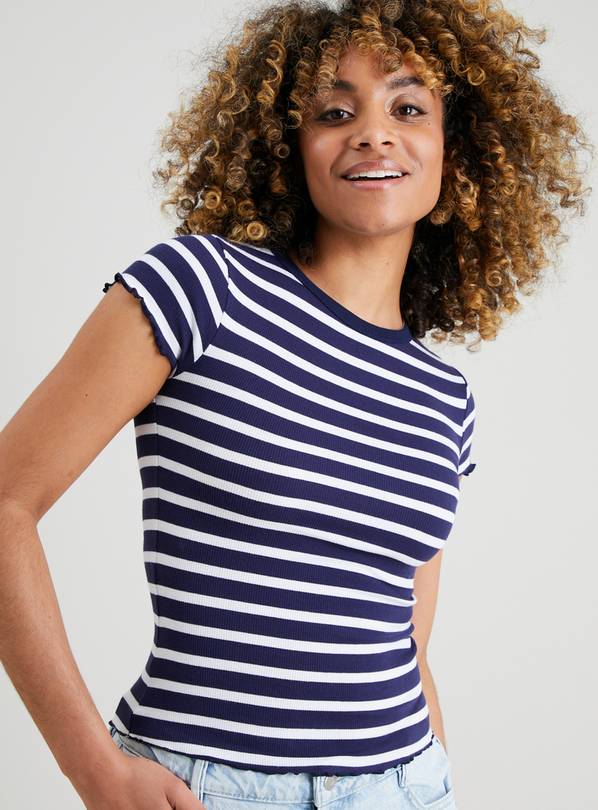 Buy Navy Stripe Lettuce Hem T-Shirt - 10, T-shirts