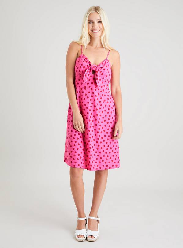 Pink Spot Linen Rich Bow Detail Mini Dress 12