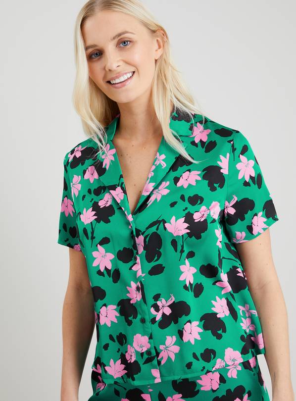 Green Coord Floral Print Boxy Satin Shirt - 8