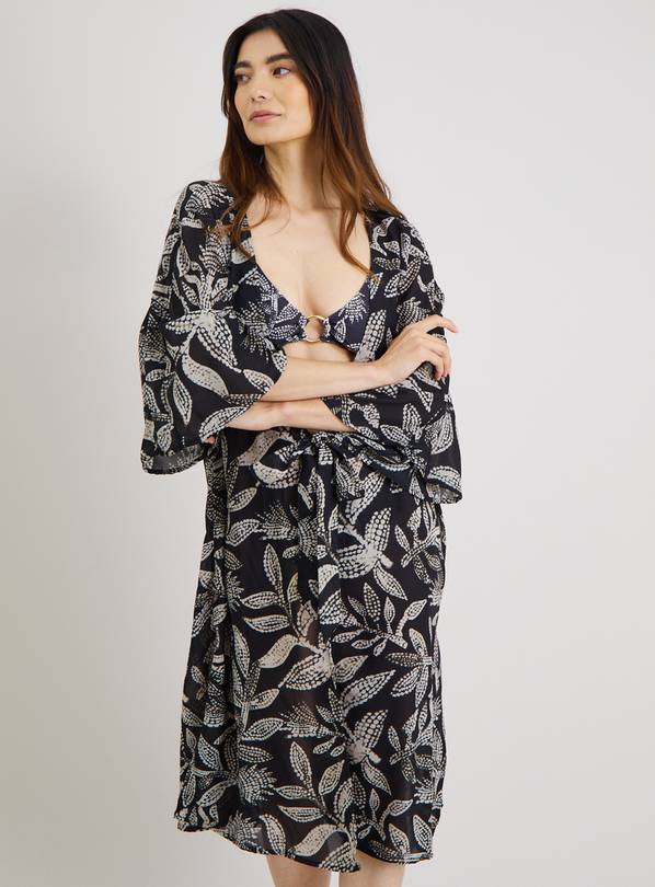 Mono Leaf Print Long Line Cover Up XS