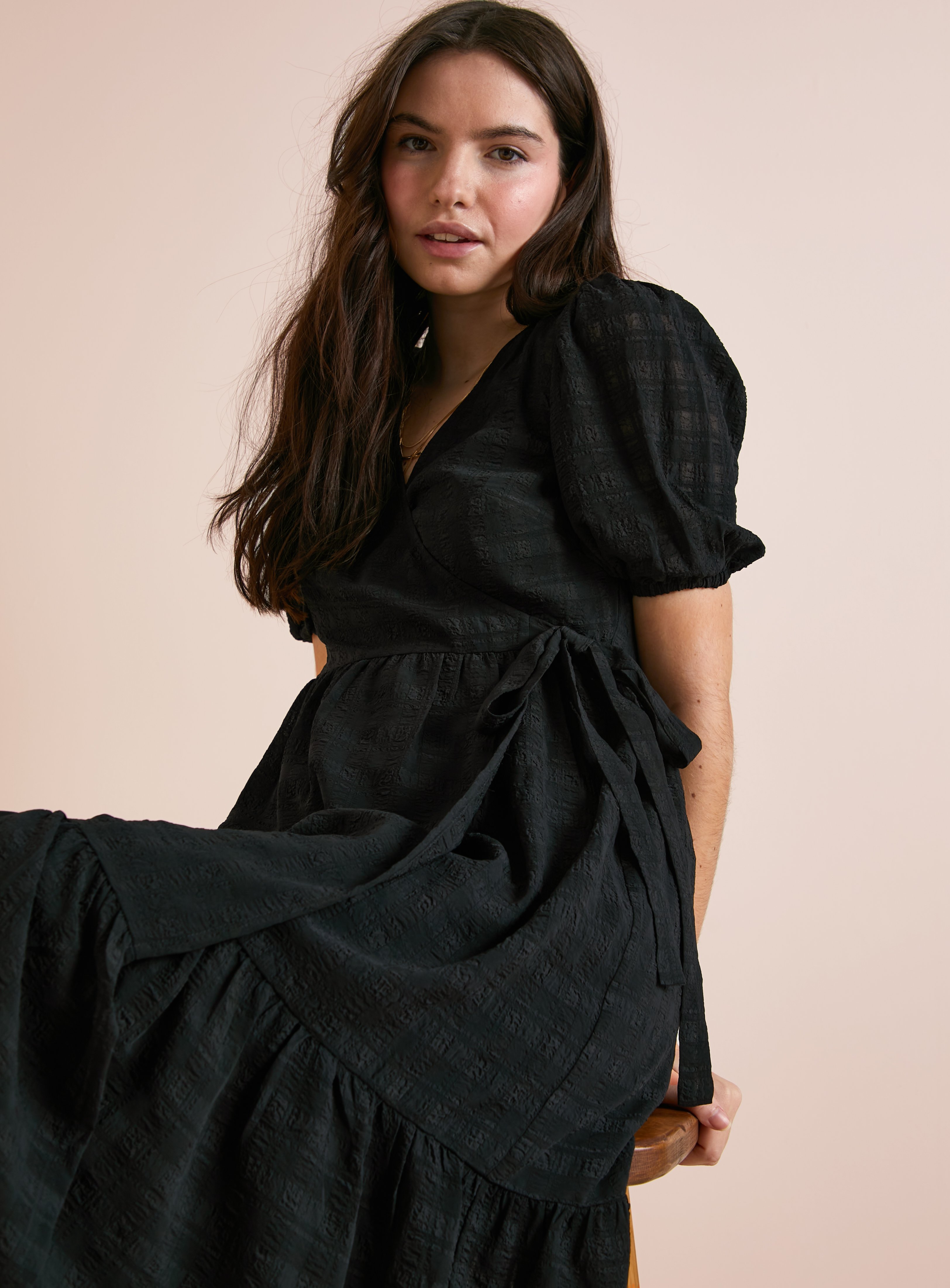 SKU: APR EB  WOVEN SHEER CHECK WRAP MAXI DRESS:Black:10 - Image 2 thumbnail