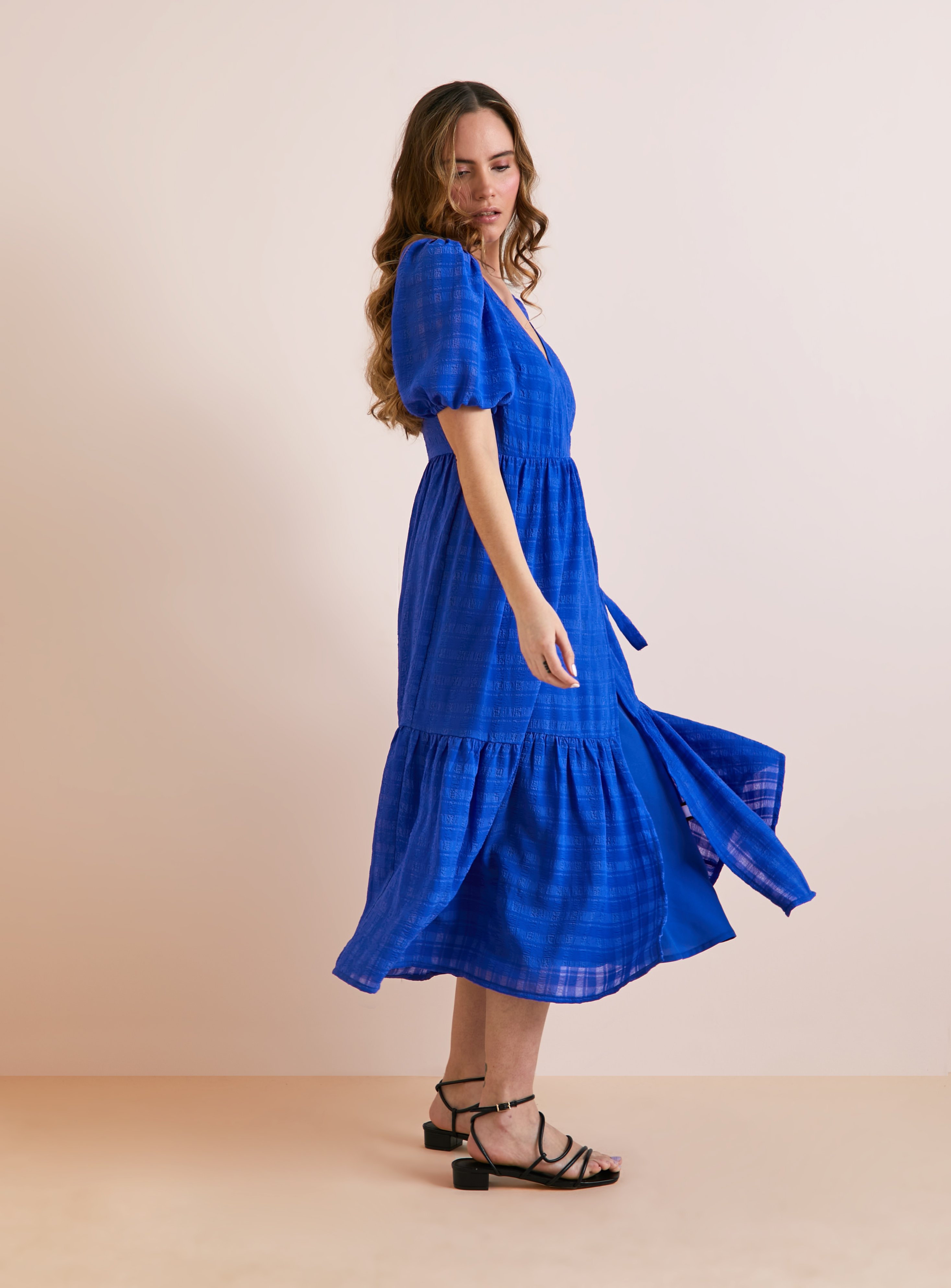 SKU: APR EB  WOVEN SHEER CHECK WRAP MAXI DRESS:Blue:12 - Image 1 thumbnail