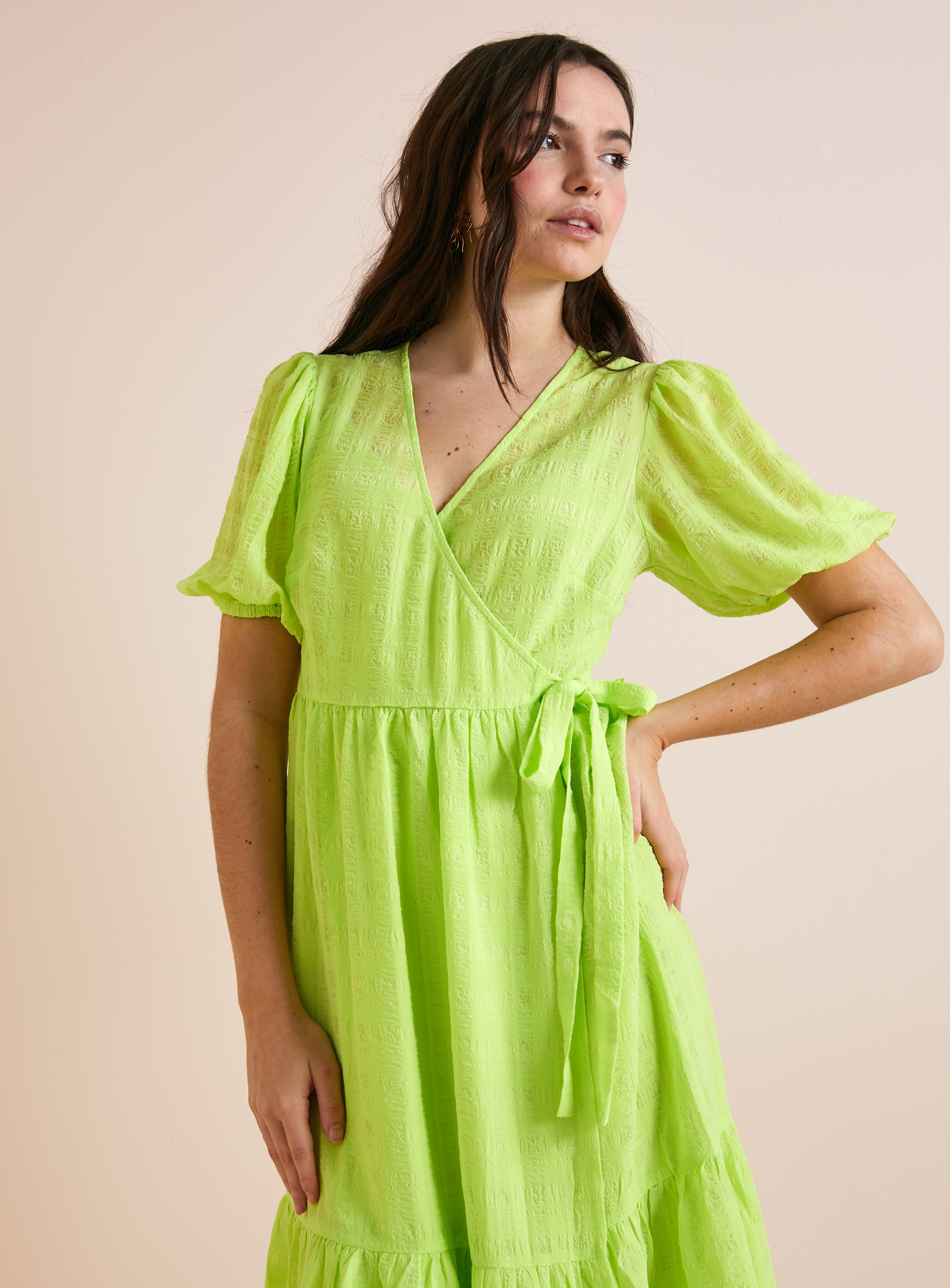 SKU: APR EB  WOVEN SHEER CHECK WRAP MAXI DRESS:Lime:16 - Image 3 thumbnail