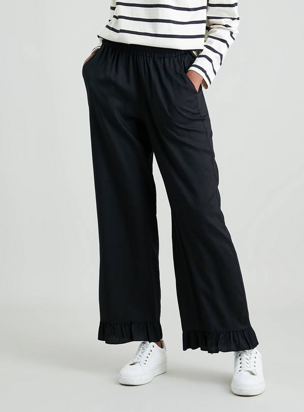 Buy Black Frill Hem Silky Trousers - 8R, Trousers