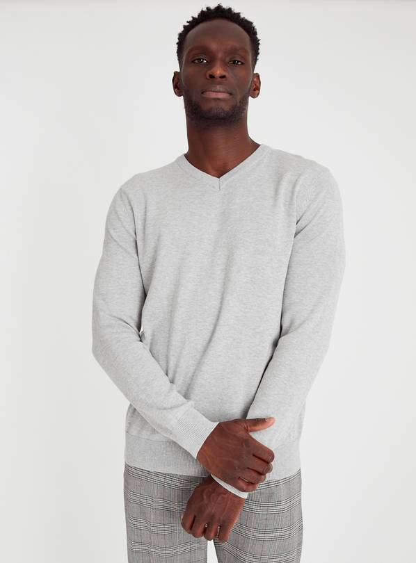 Grey V Neck Knitted Jumper XL