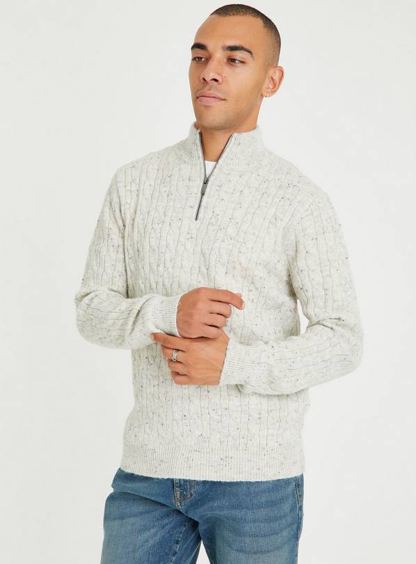 Cream Quarter Zip Cable Knit Jumper M