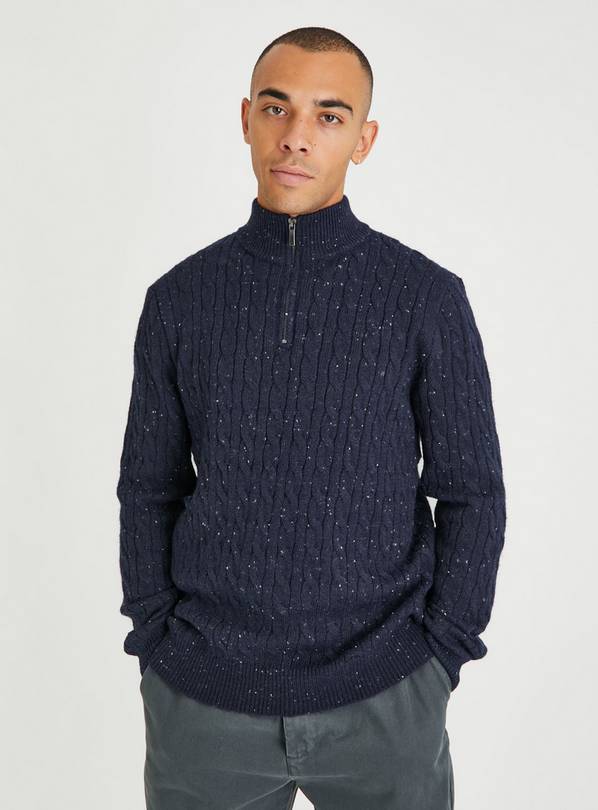 Navy Quarter Zip Cable Knit Jumper L