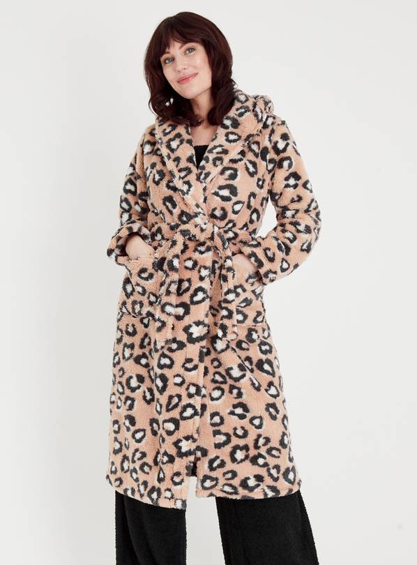Beige Leopard Print Fluffy Dressing Gown M