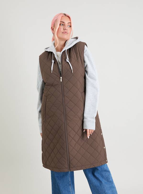 Women's Brown Long Gilet With Chevron Padded Style –