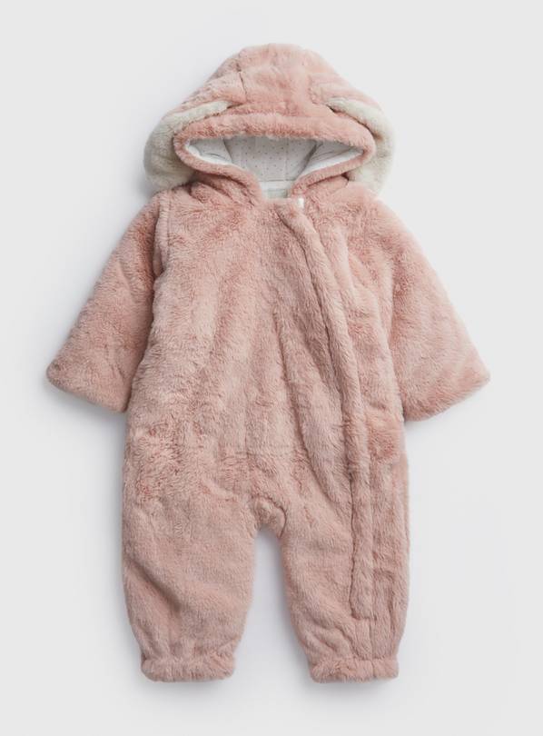 Pink Faux Fur Bunny Ears Hooded Snowsuit 9-12 months