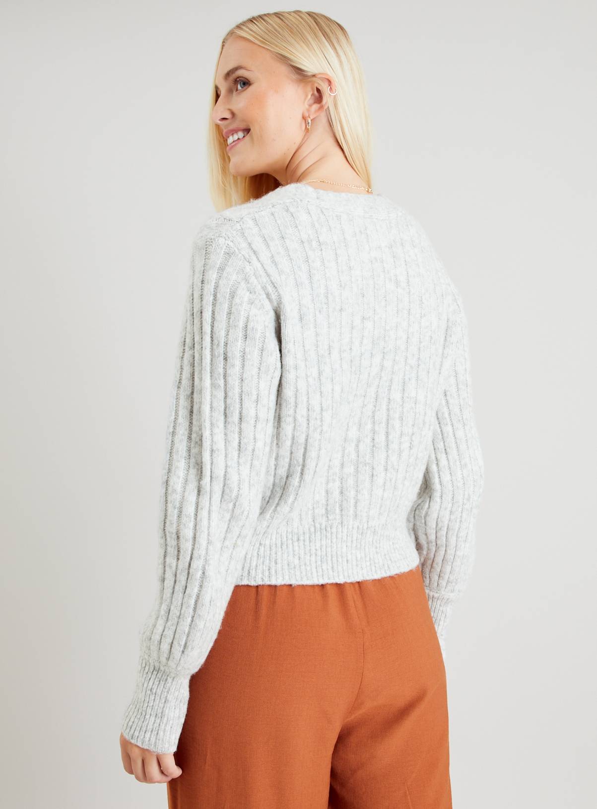 Oatmeal Ribbed Sleeve Cardigan 14 - Image 5