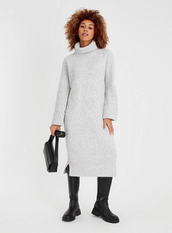 Grey Roll Neck Rib Knitted Jumper Dress