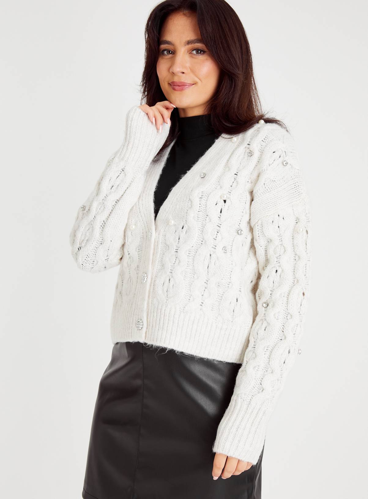 Cream Cable Knit Pearl & Diamante Cardigan 8 - Image 1