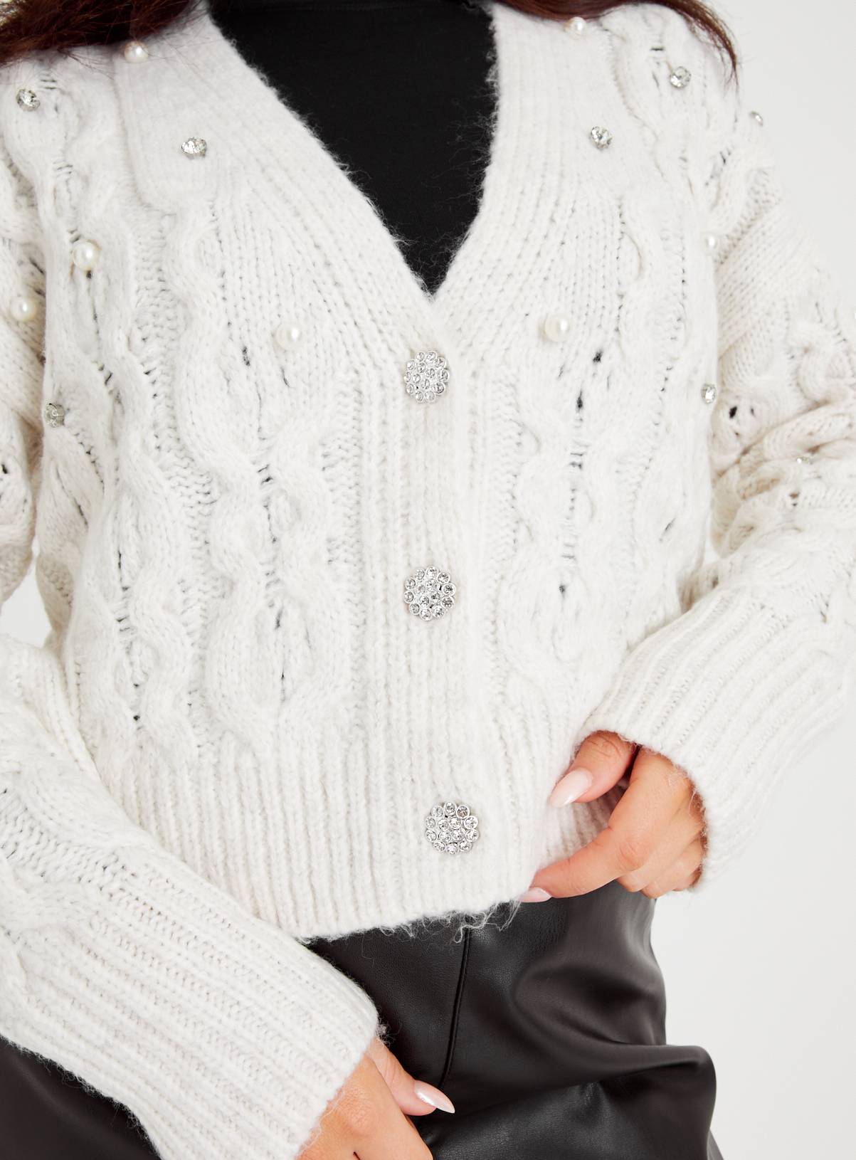 Cream Cable Knit Pearl & Diamante Cardigan 8 - Image 3