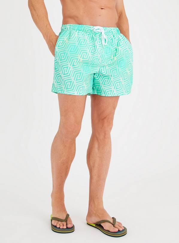 Green Geo Print Swim Shorts L