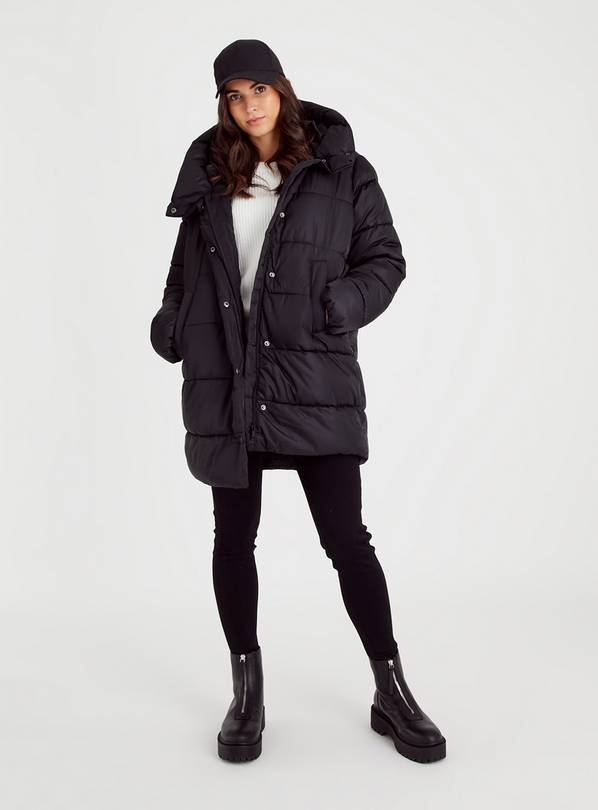 Buy Sosandar Black Longline Metallic Padded Coat With Hood from