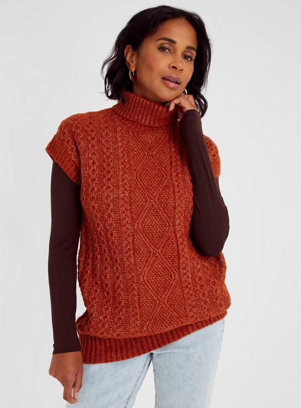Rust Roll Neck Cable Knit Sleeveless Jumper 14