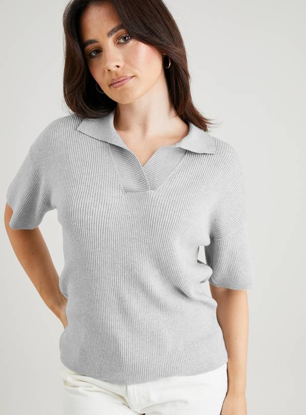 Grey Ribbed Knit Trophy Collar T-Shirt 12