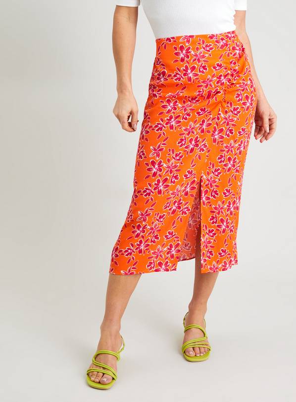 Orange Floral Ruched Midi Skirt - 8